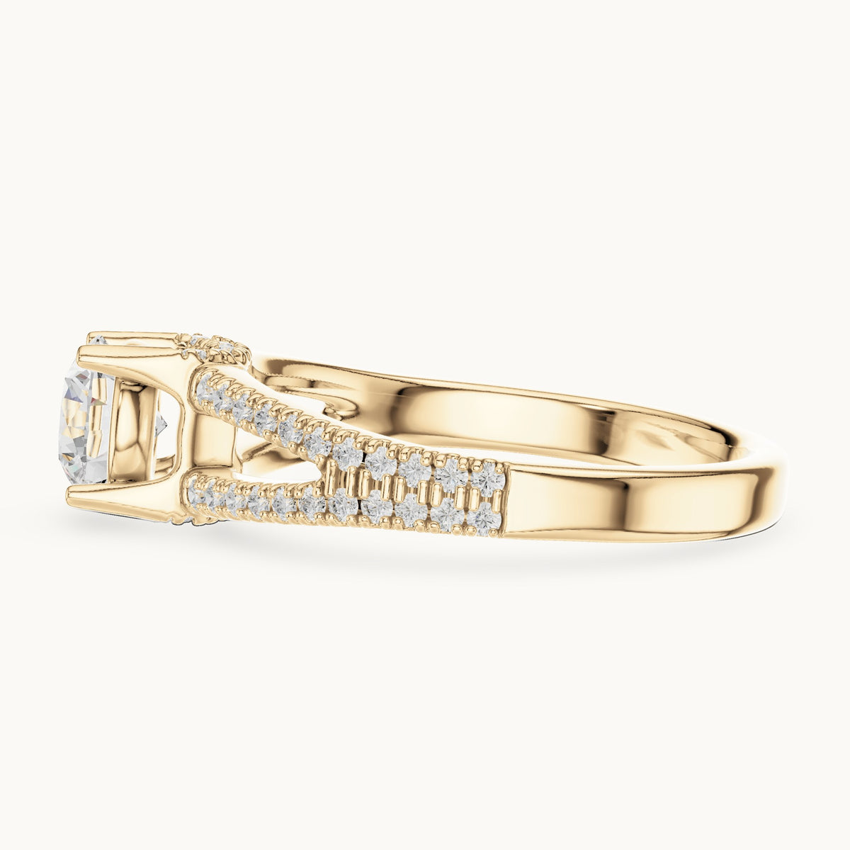 Round lab-grown diamond split shank hidden halo engagement ring in yellow gold, 1.12 CT TW, view 3