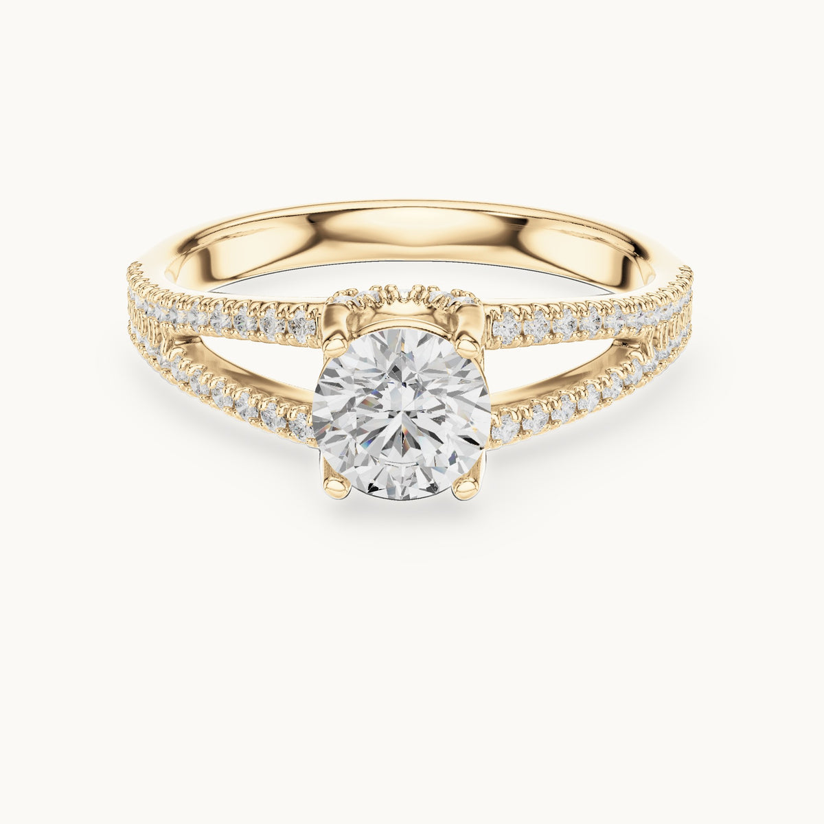Round lab-grown diamond split shank hidden halo engagement ring in yellow gold, 1.12 CT TW, view 4