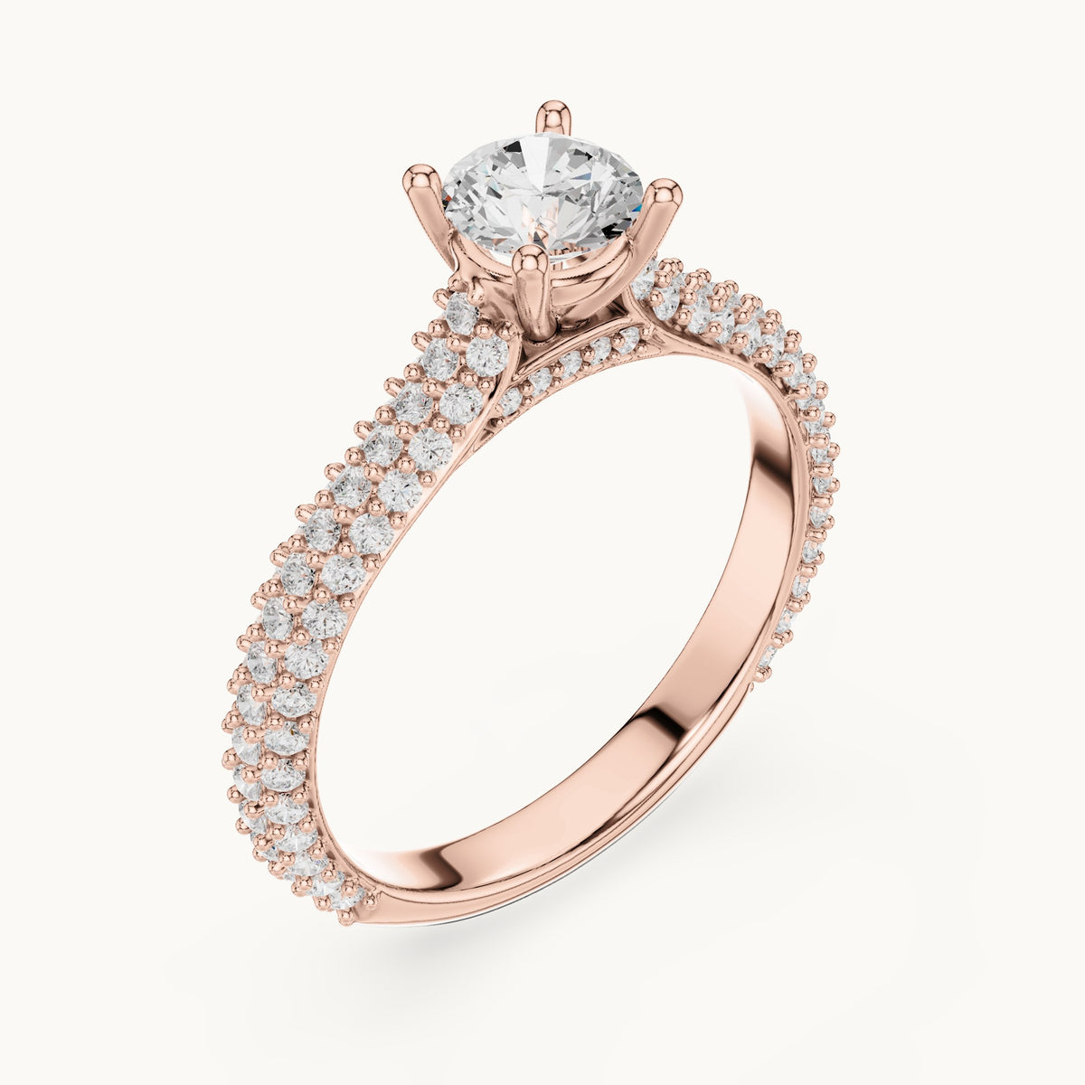 Round lab-grown diamond three-row pavé engagement ring in rose gold, 1.51 CT TW, view 2