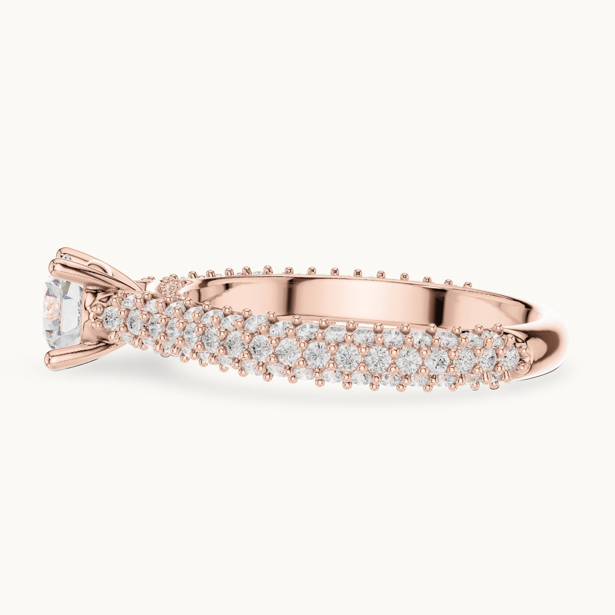 Round lab-grown diamond three-row pavé engagement ring in rose gold, 1.51 CT TW, view 3