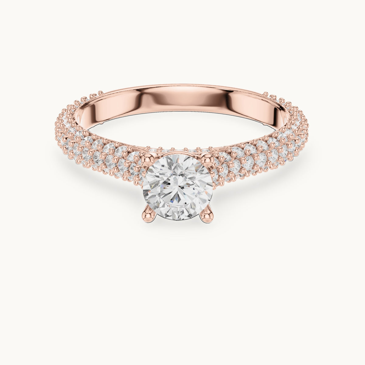 Round lab-grown diamond three-row pavé engagement ring in rose gold, 1.51 CT TW, view 4