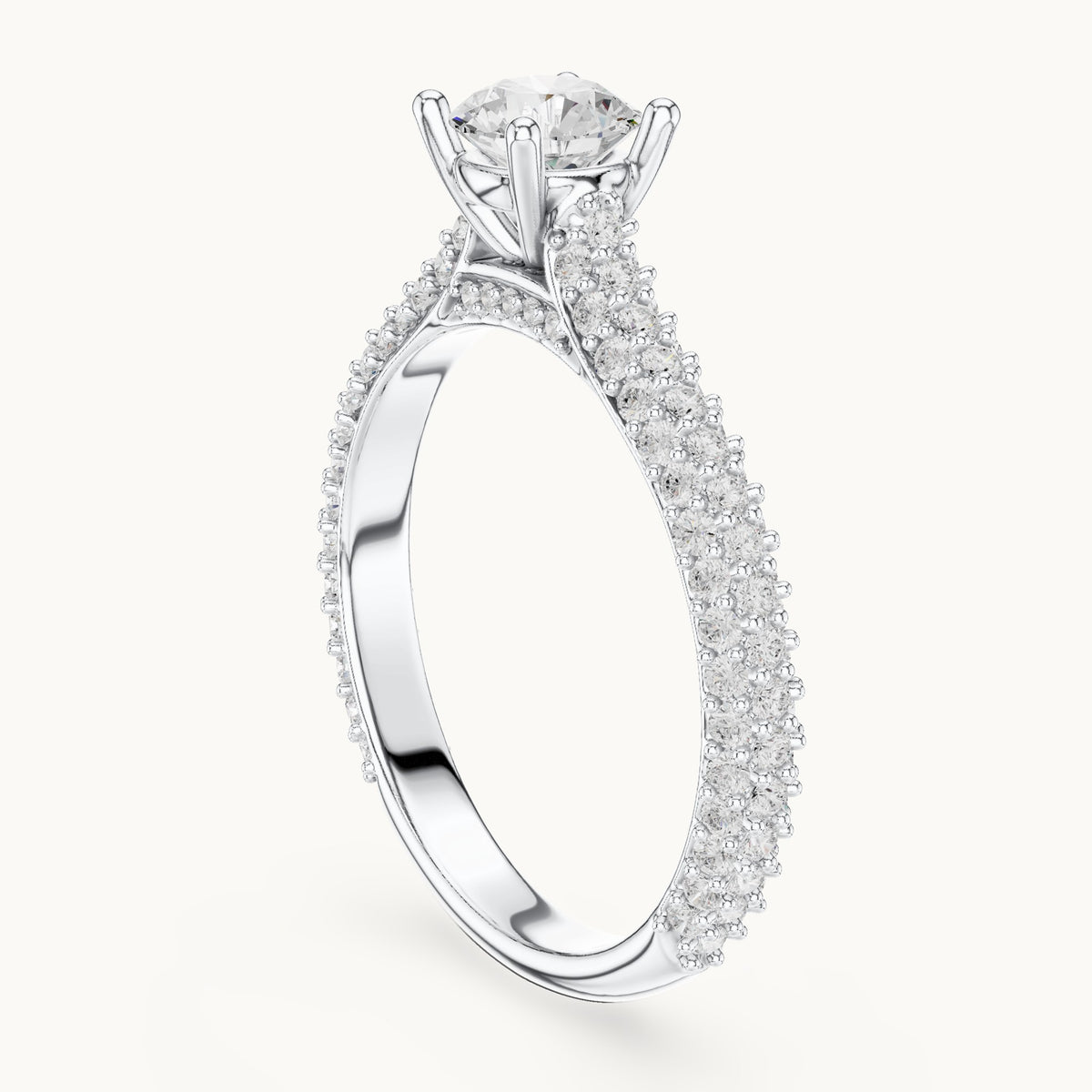 Round lab-grown diamond three-row pavé engagement ring in white gold, 1.51 CT TW, view 1