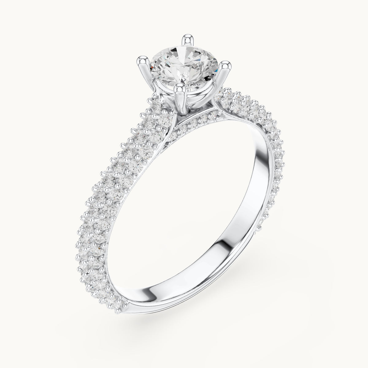 Round lab-grown diamond three-row pavé engagement ring in white gold, 1.51 CT TW, view 2