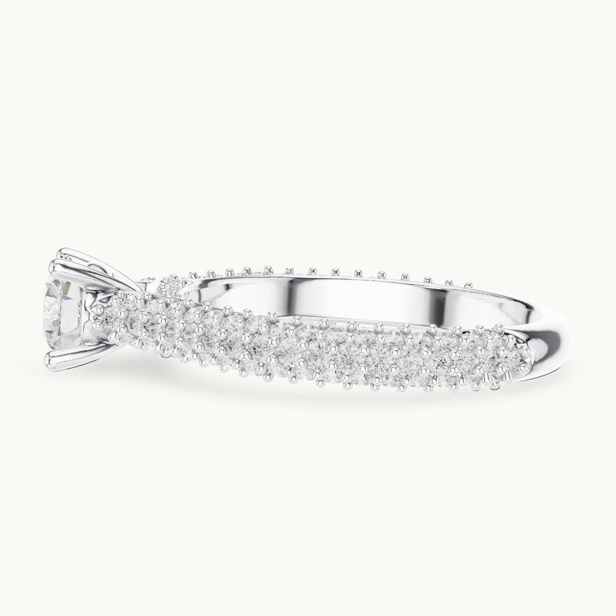 Round lab-grown diamond three-row pavé engagement ring in white gold, 1.51 CT TW, view 3