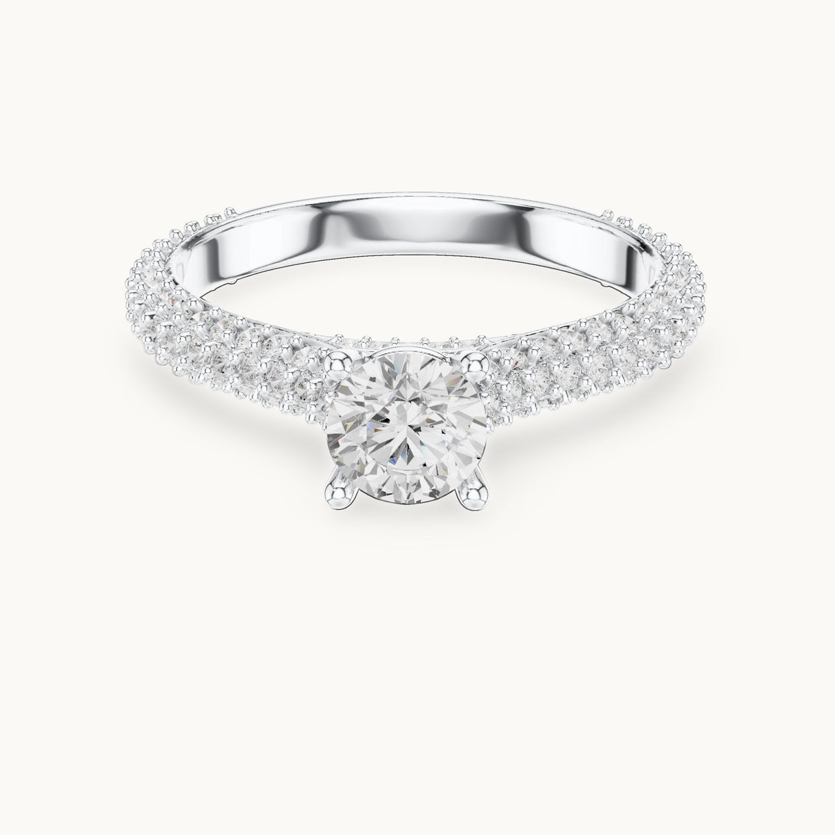 Round lab-grown diamond three-row pavé engagement ring in white gold, 1.51 CT TW, view 4