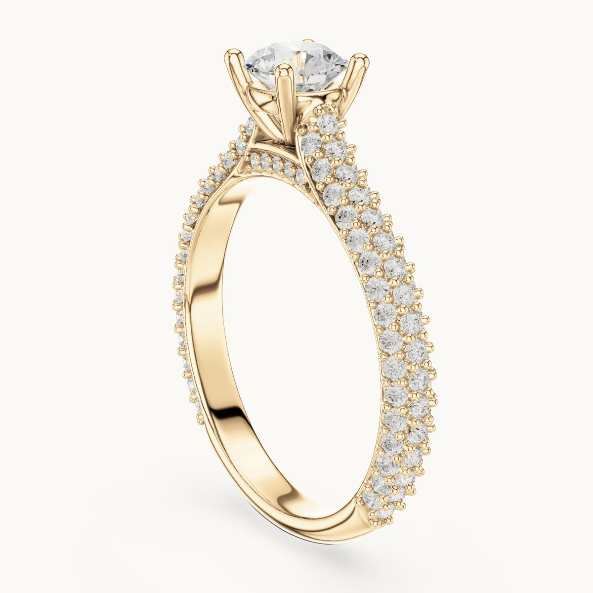 Round lab-grown diamond three-row pavé engagement ring in yellow gold, 1.51 CT TW, view 1