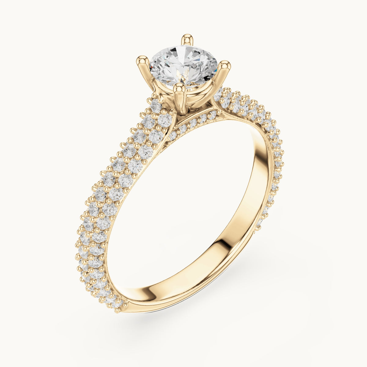 Round lab-grown diamond three-row pavé engagement ring in yellow gold, 1.51 CT TW, view 2