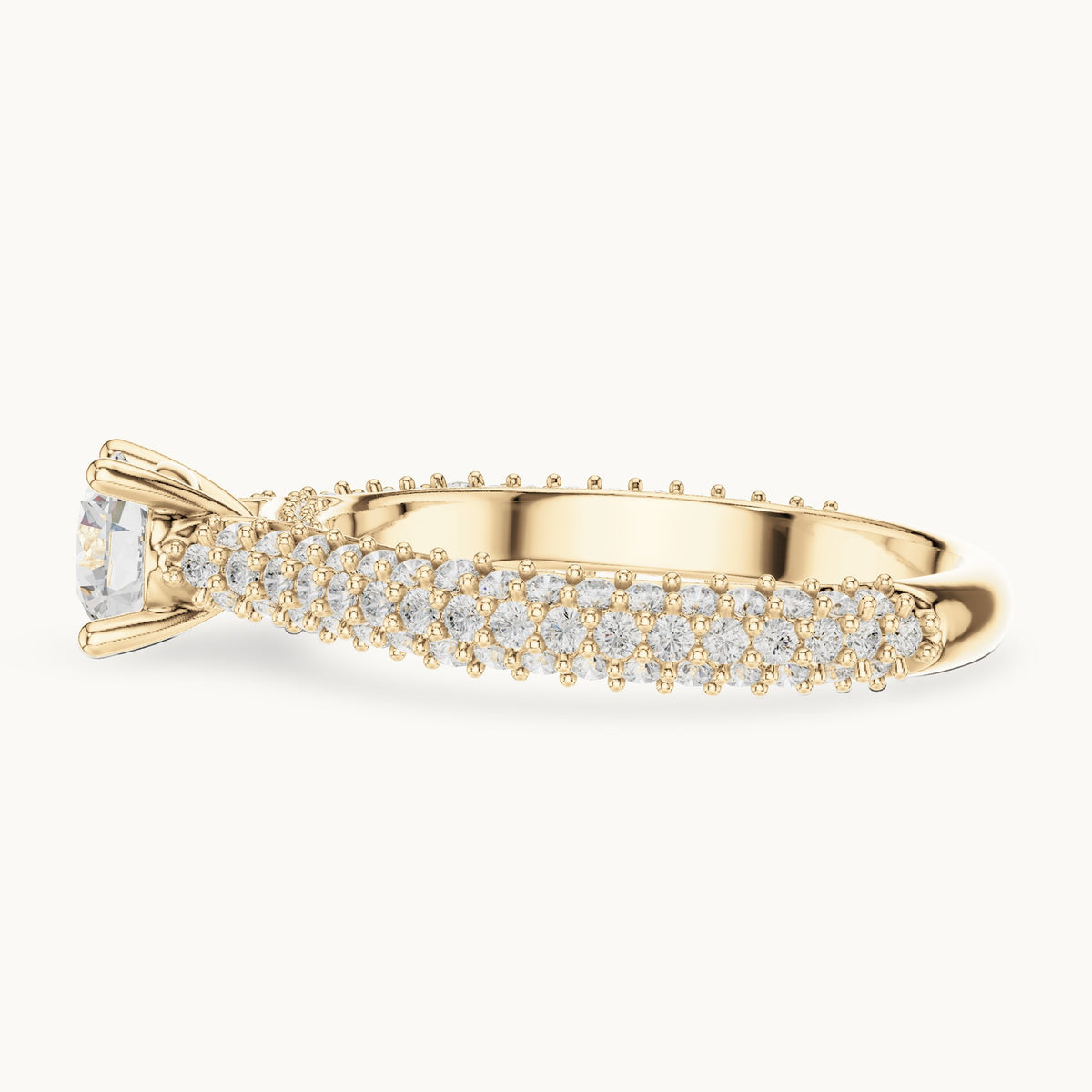 Round lab-grown diamond three-row pavé engagement ring in yellow gold, 1.51 CT TW, view 3