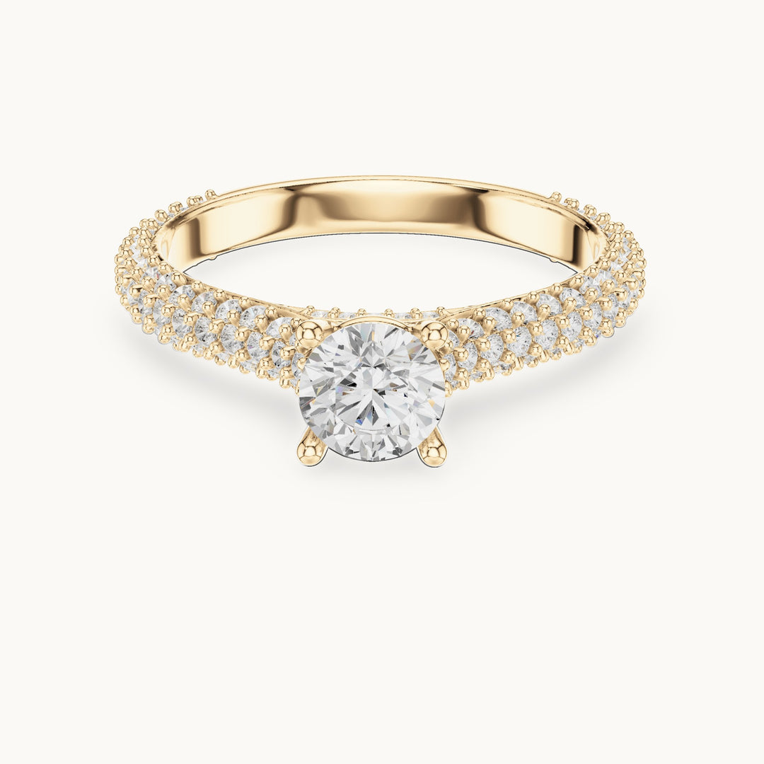 Round lab-grown diamond three-row pavé engagement ring in yellow gold, 1.51 CT TW, view 4