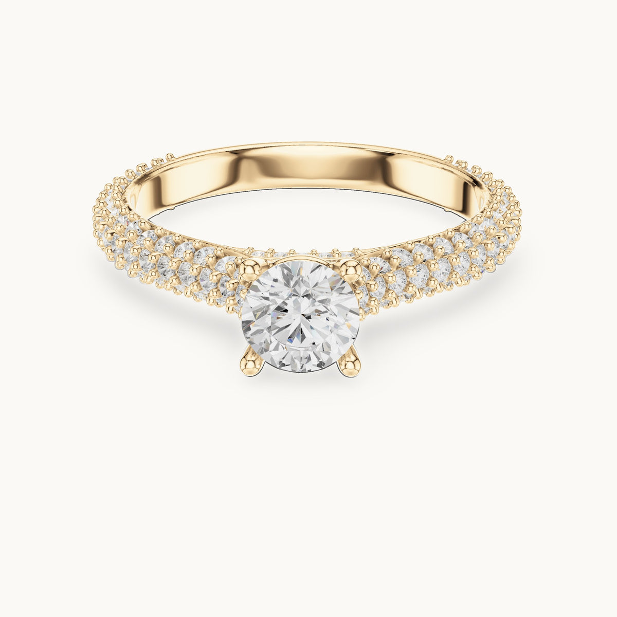 Round lab-grown diamond three-row pavé engagement ring in yellow gold, 1.51 CT TW, view 4