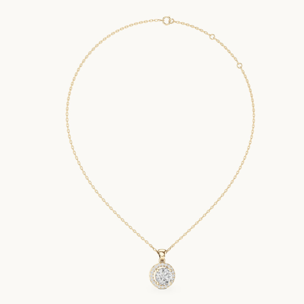 Round lab-grown diamond halo pendant in yellow gold, 1.20 CT TW, view 1