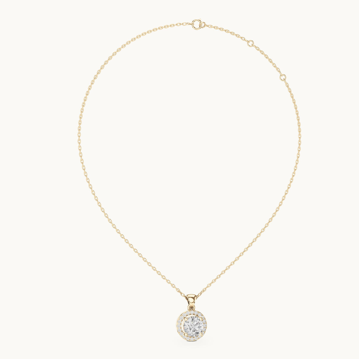 Round lab-grown diamond halo pendant in yellow gold, 1.20 CT TW, view 1