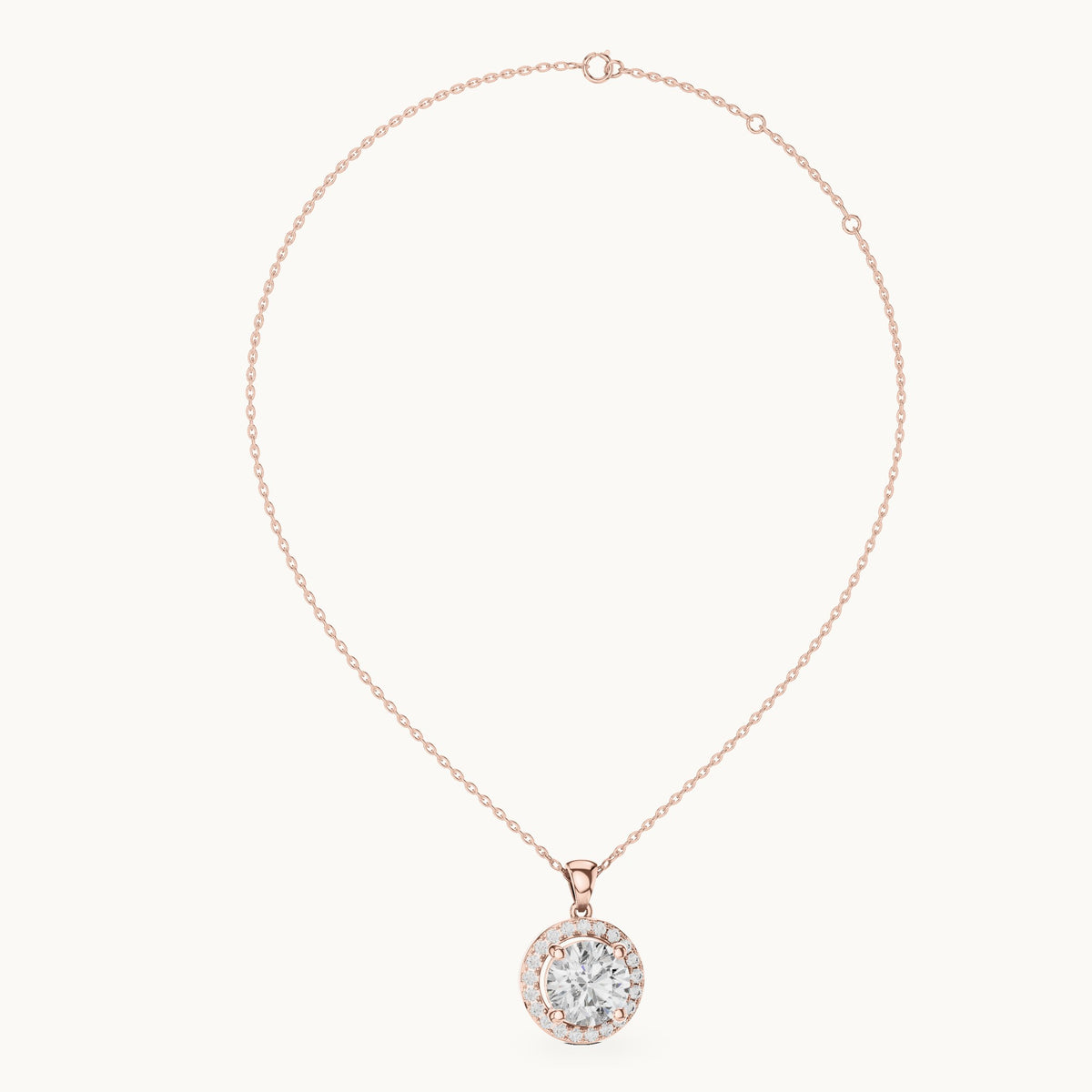 Round lab-grown diamond halo pendant in rose gold, 3.22 CT TW, view 1