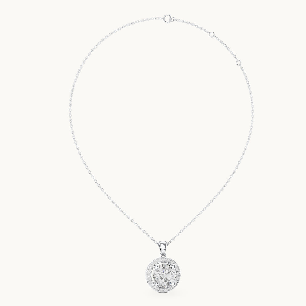 Round lab-grown diamond halo pendant in white gold, 3.22 CT TW, view 1