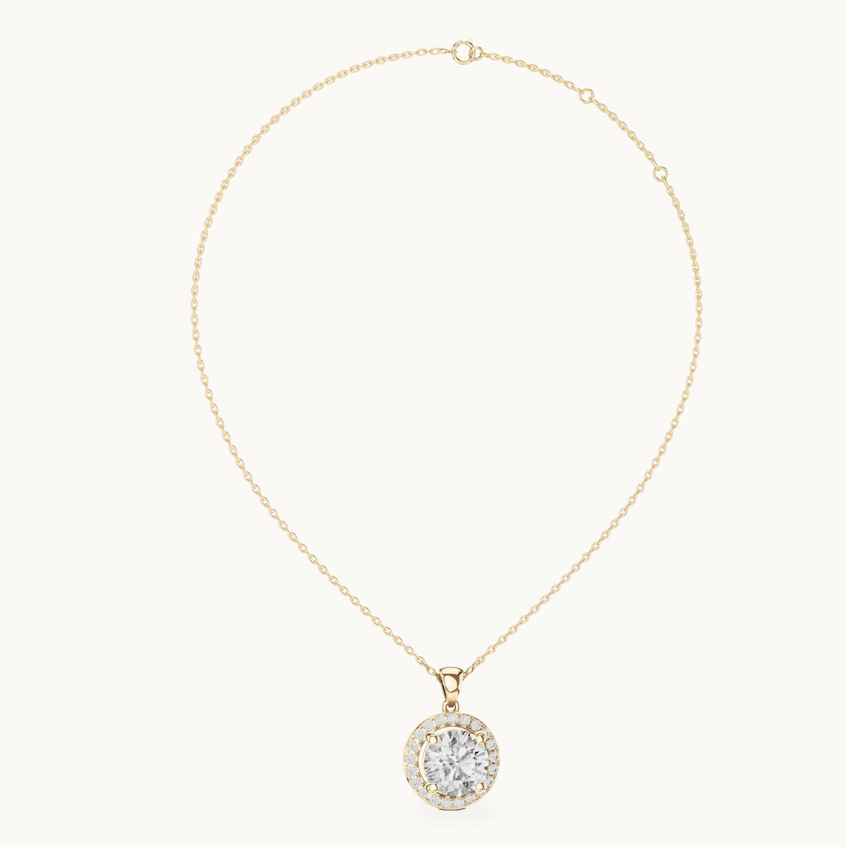 Round lab-grown diamond halo pendant in yellow gold, 3.22 CT TW, view 1