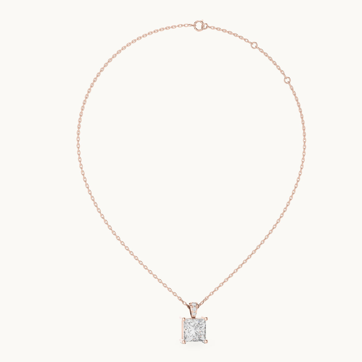 Princess-cut and round lab-grown diamond solitaire pendant with diamond bail in rose gold, 2.043 CT TW, view 1