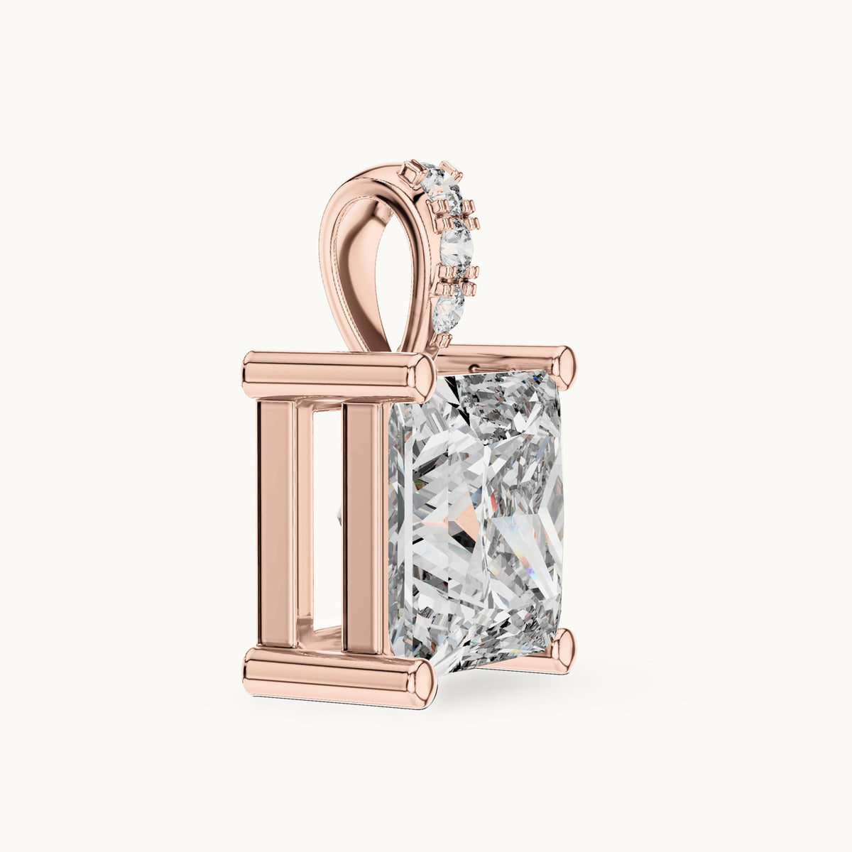 Princess-cut and round lab-grown diamond solitaire pendant with diamond bail in rose gold, 2.043 CT TW, view 3
