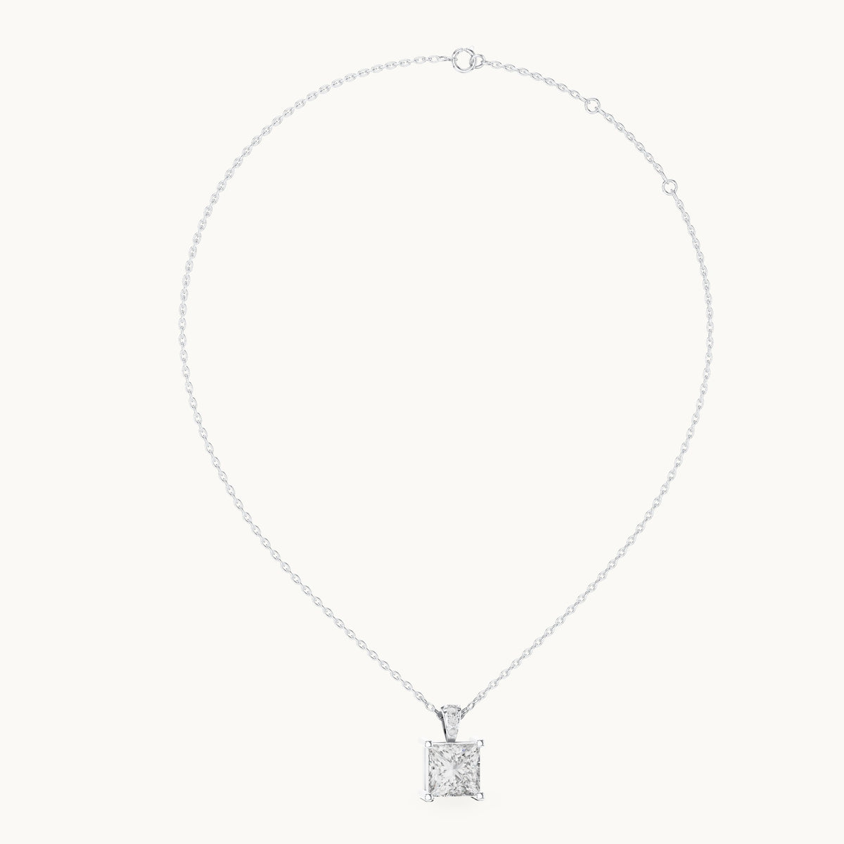 Princess-cut and round lab-grown diamond solitaire pendant with diamond bail in white gold, 2.043 CT TW, view 1