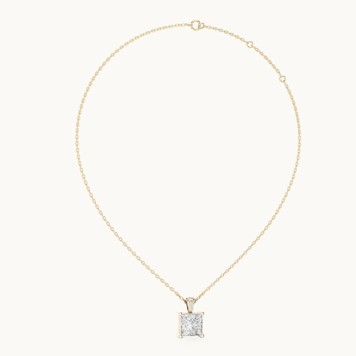 Princess-cut and round lab-grown diamond solitaire pendant with diamond bail in yellow gold, 2.043 CT TW, view 1
