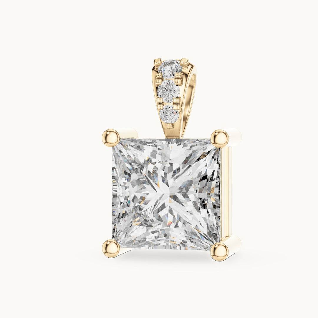 Princess-cut and round lab-grown diamond solitaire pendant with diamond bail in yellow gold, 2.043 CT TW, view 2
