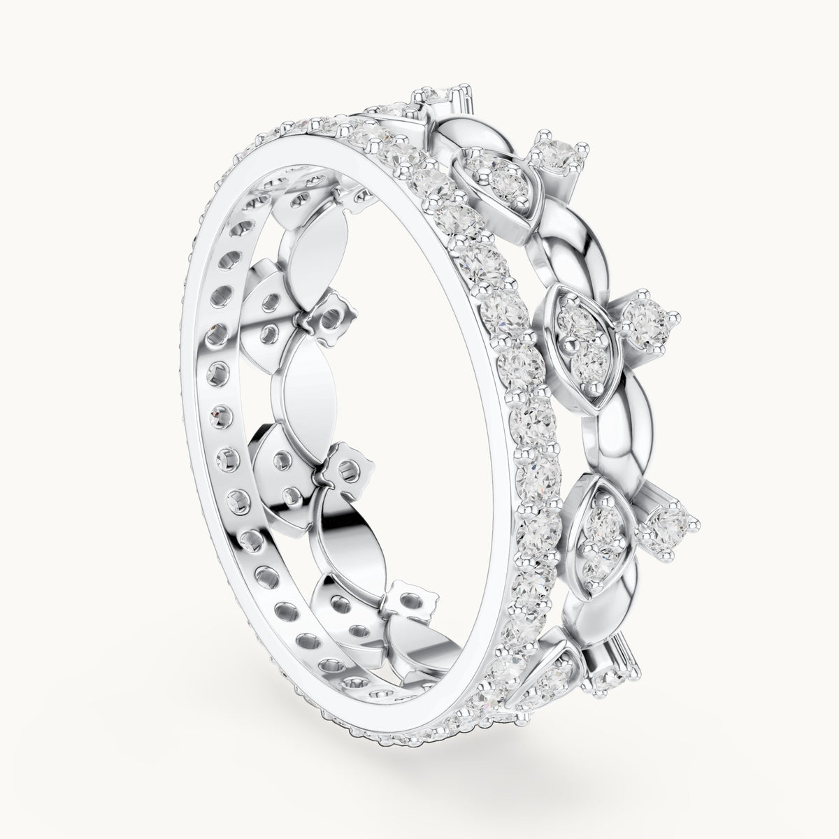 Round lab-grown diamond crown ring in white gold, 0.835 CT TW, view 1