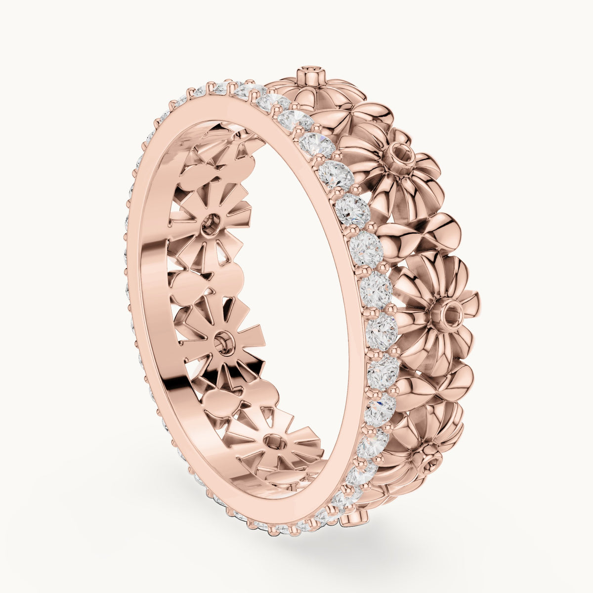 Round lab-grown diamond floral full eternity band in rose gold, 0.57 CT TW, view 1