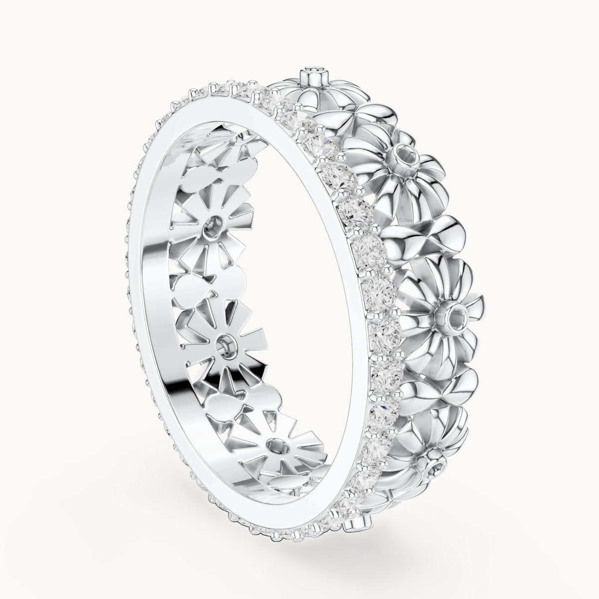 Round lab-grown diamond floral full eternity band in white gold, 0.57 CT TW, view 1