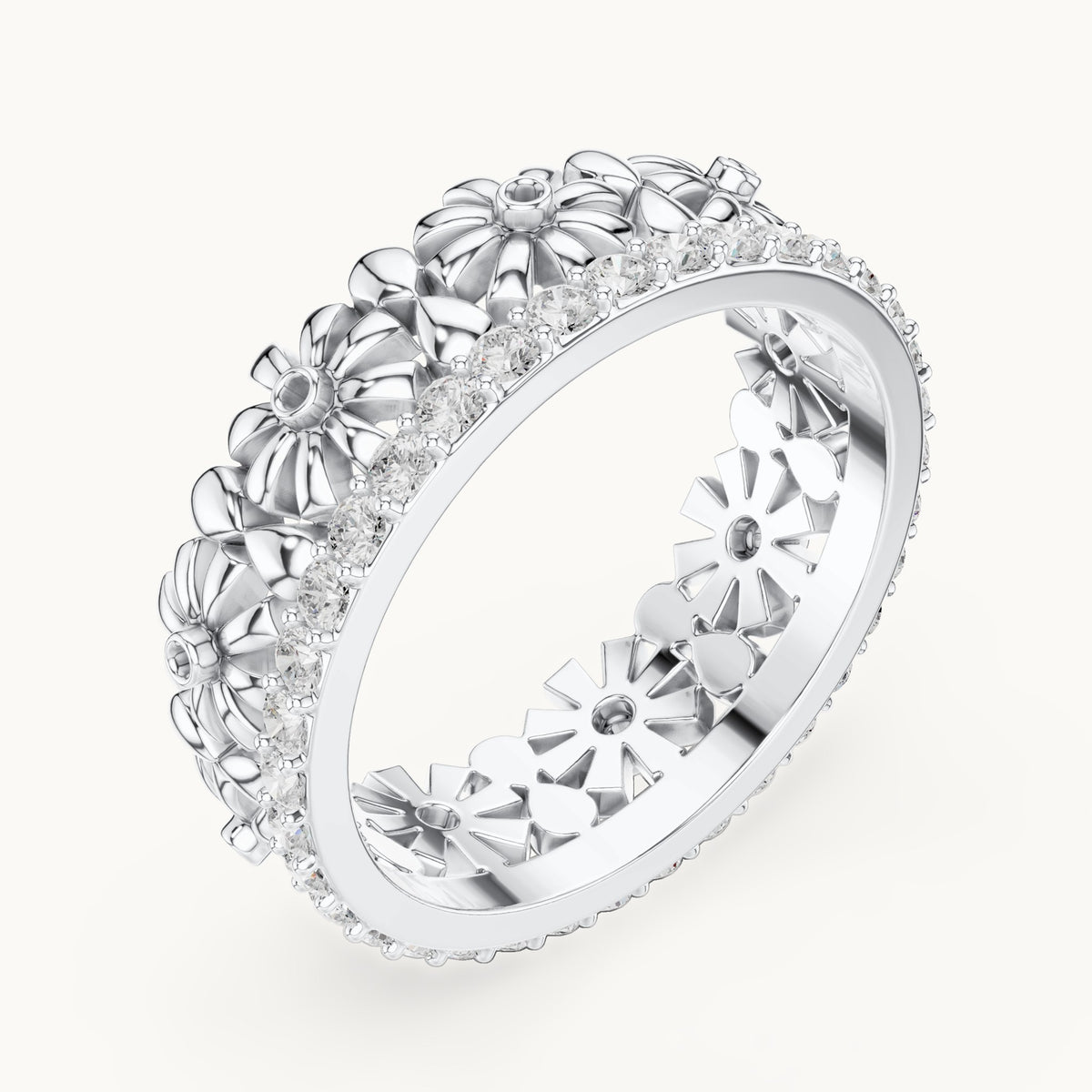 Round lab-grown diamond floral full eternity band in white gold, 0.57 CT TW, view 2