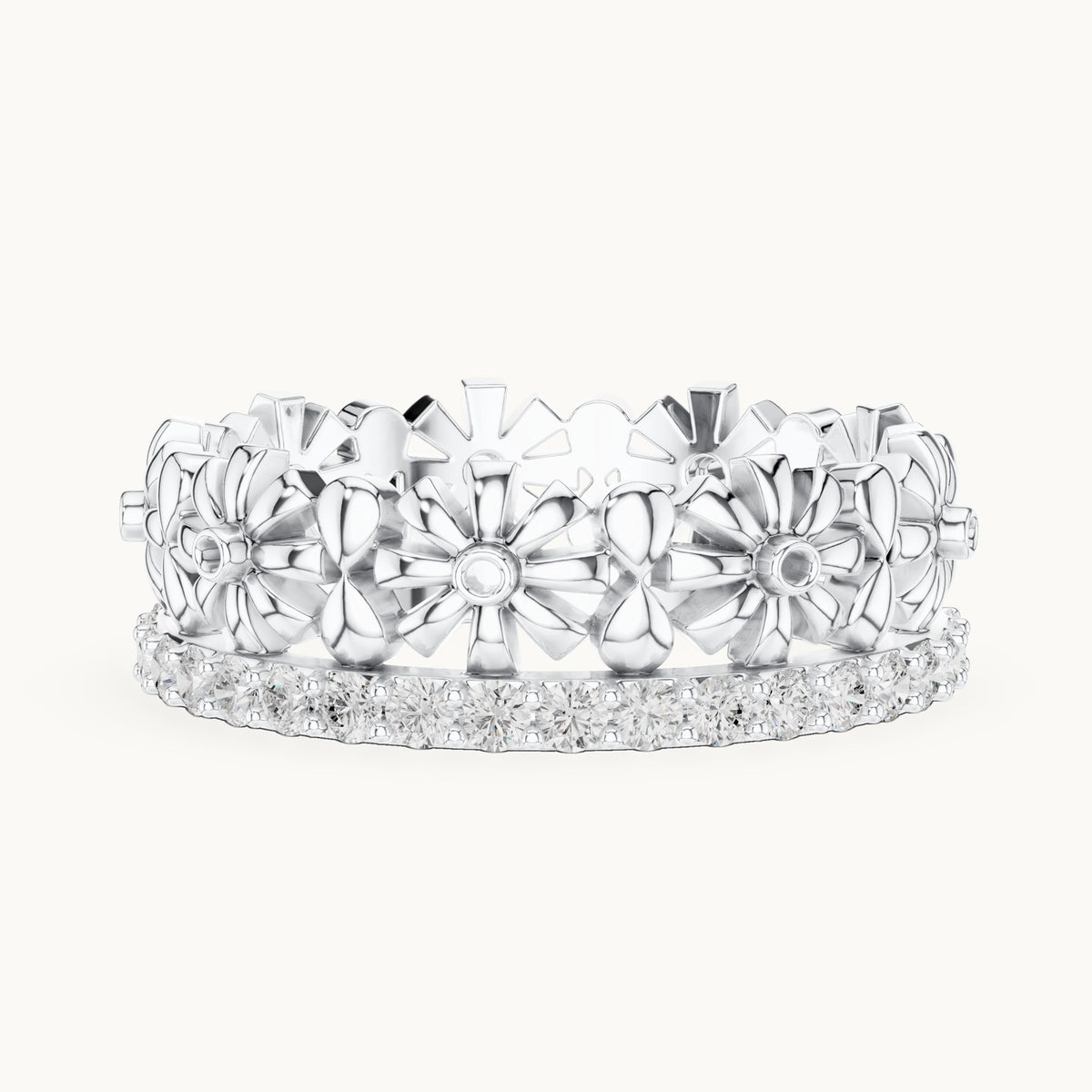 Round lab-grown diamond floral full eternity band in white gold, 0.57 CT TW, view 3