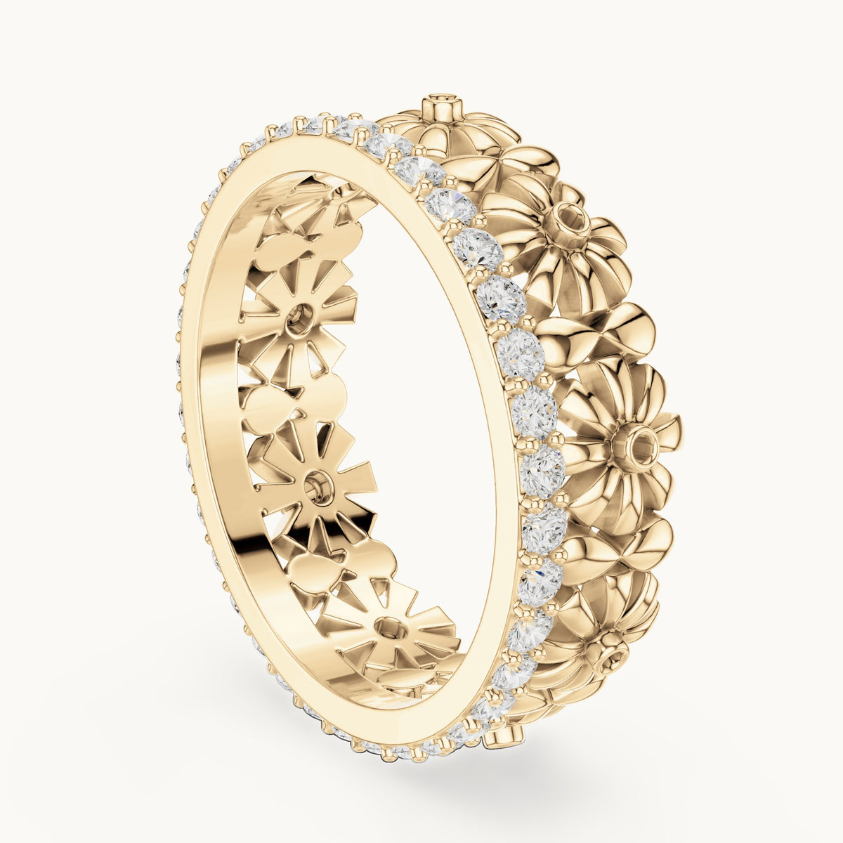 Round lab-grown diamond floral full eternity band in yellow gold, 0.57 CT TW, view 1