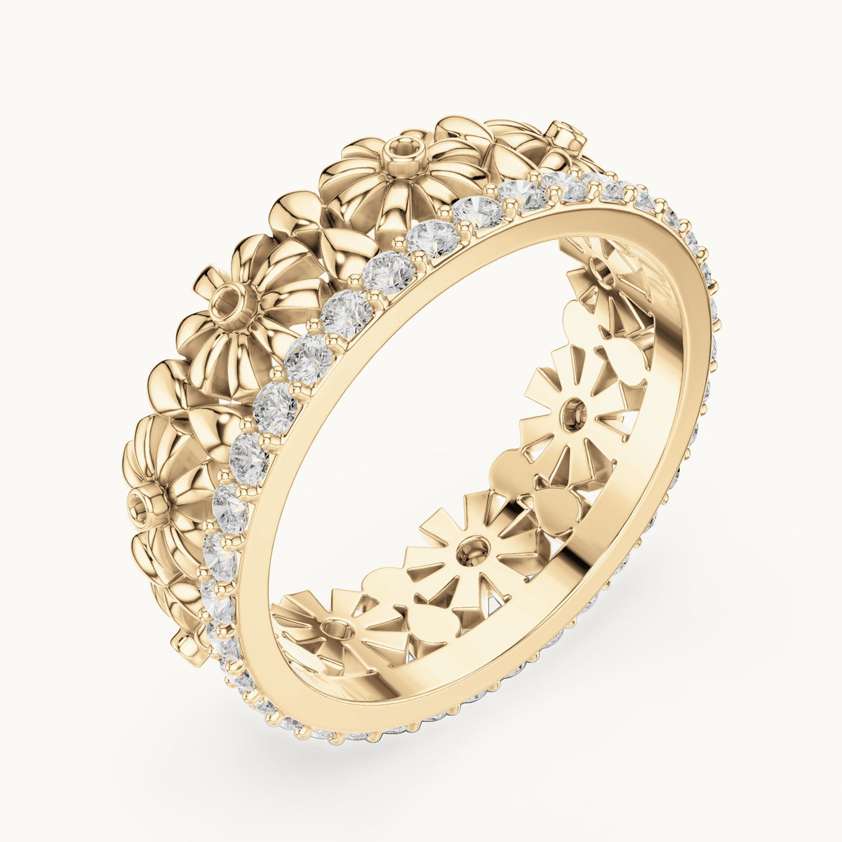 Round lab-grown diamond floral full eternity band in yellow gold, 0.57 CT TW, view 2