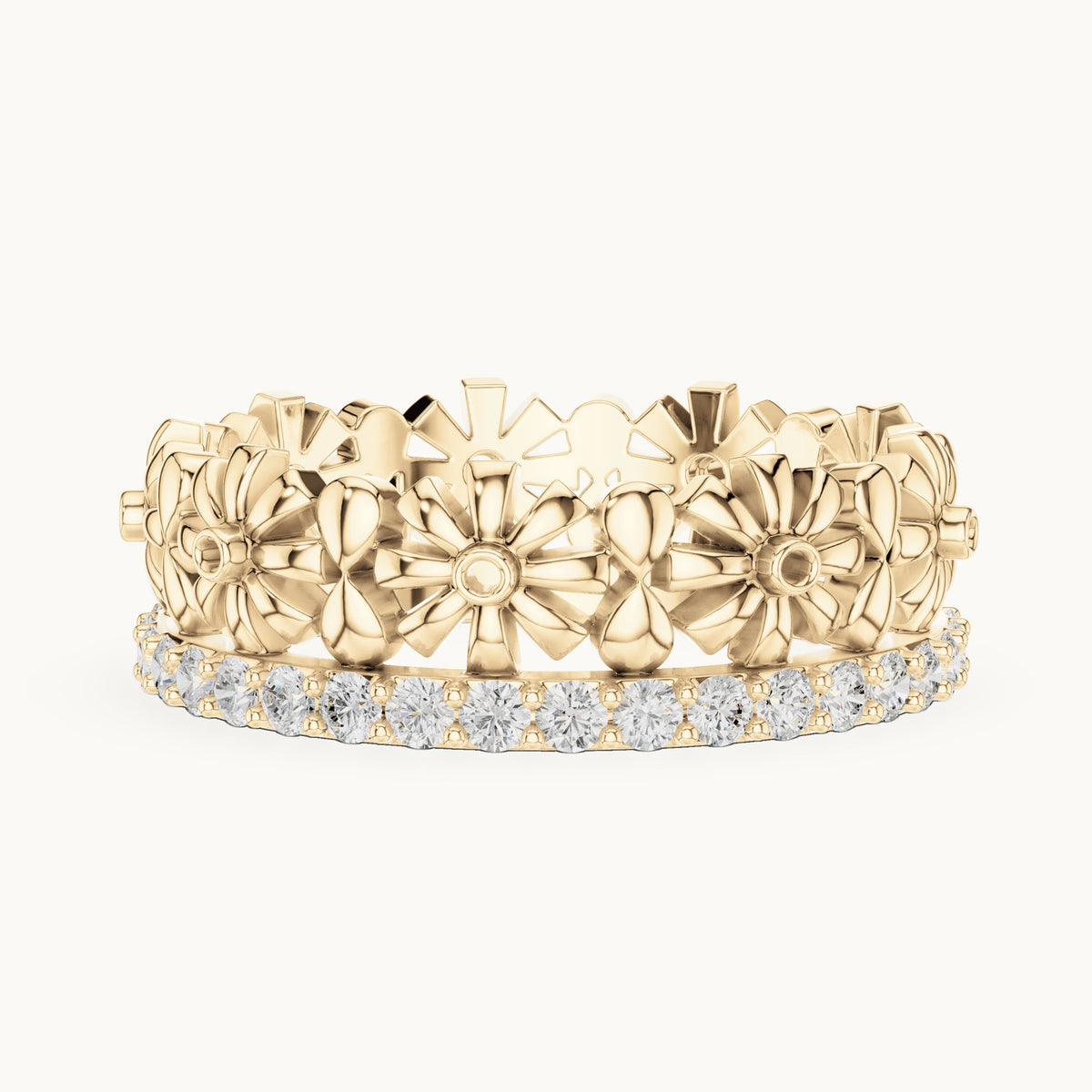 Round lab-grown diamond floral full eternity band in yellow gold, 0.57 CT TW, view 3