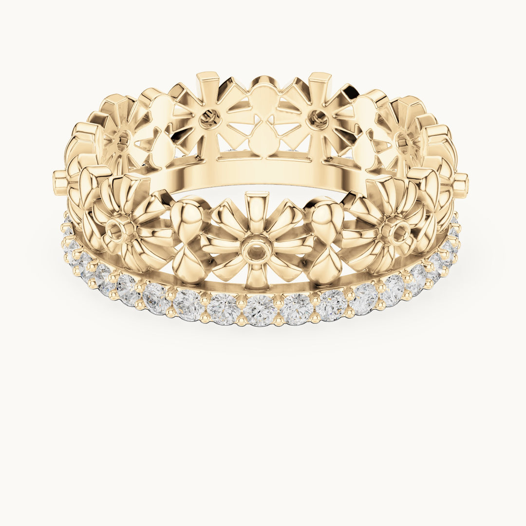 Round lab-grown diamond floral full eternity band in yellow gold, 0.57 CT TW, view 4