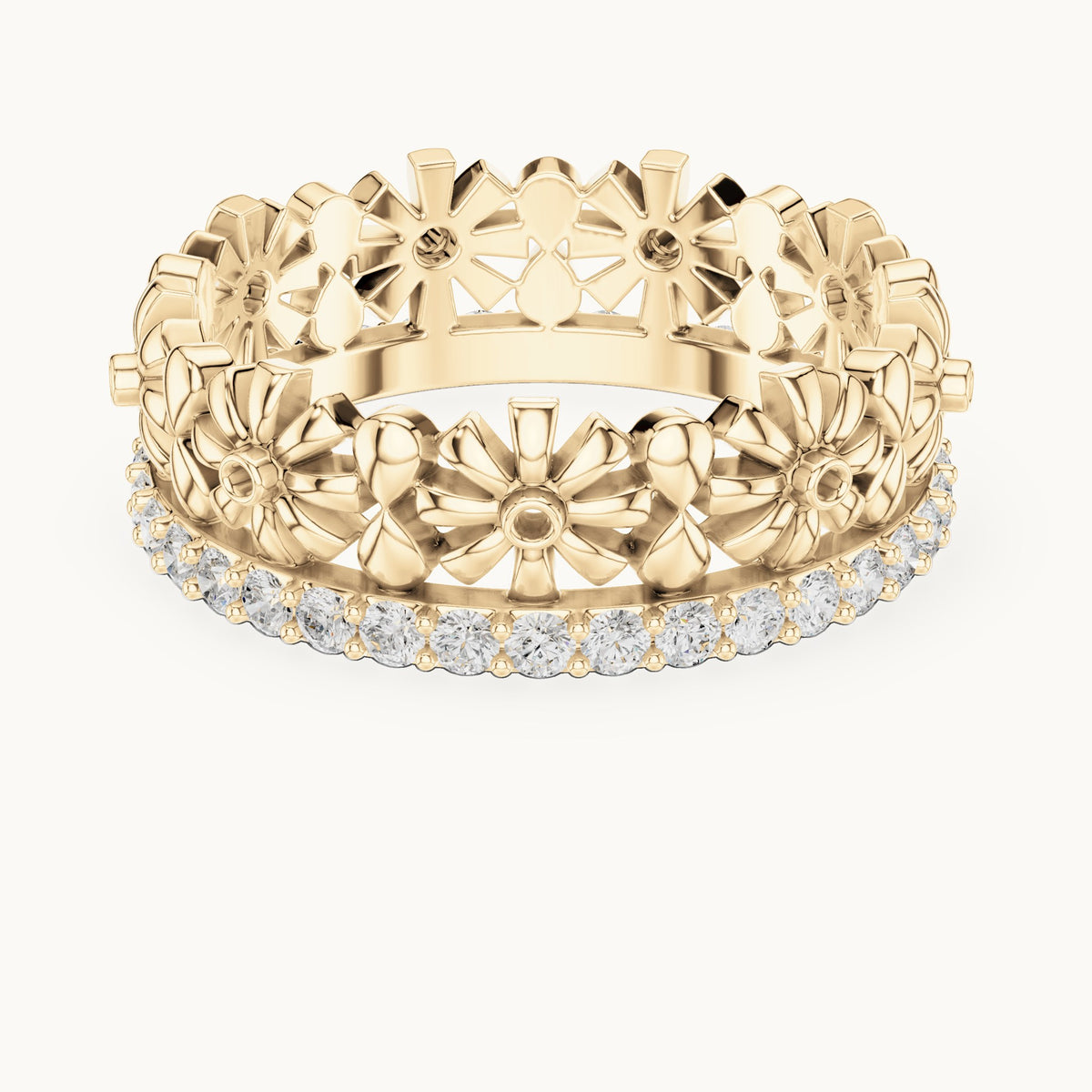 Round lab-grown diamond floral full eternity band in yellow gold, 0.57 CT TW, view 4