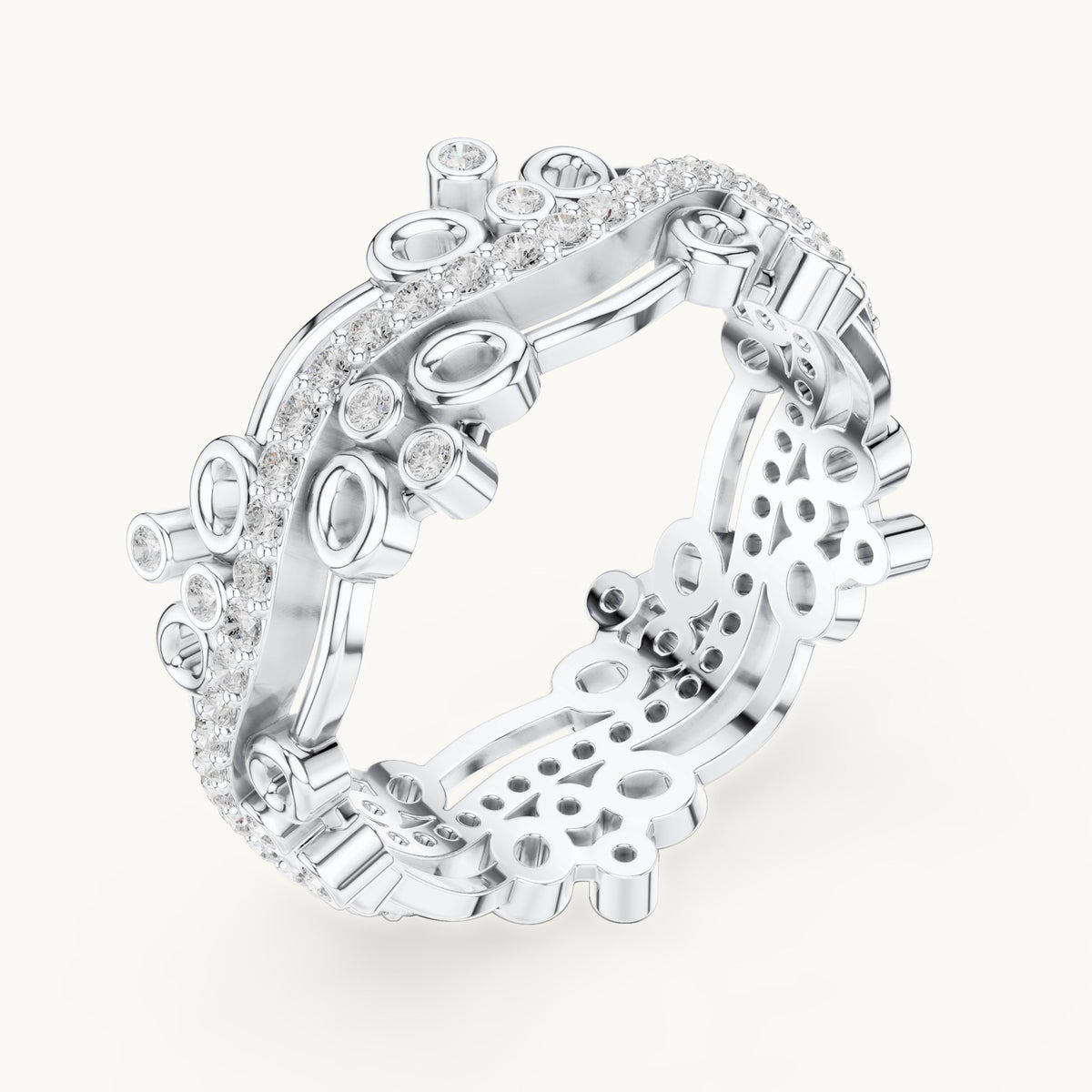 Round lab-grown diamond scroll full eternity band in white gold, 0.466 CT TW, view 2