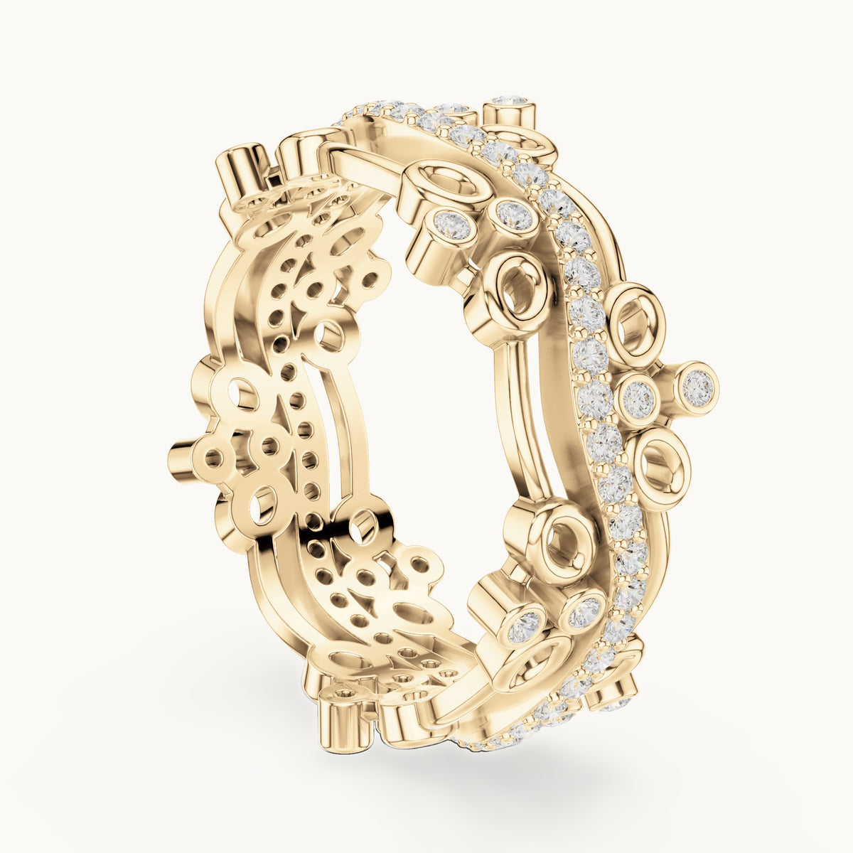 Round lab-grown diamond scroll full eternity band in yellow gold, 0.466 CT TW, view 1