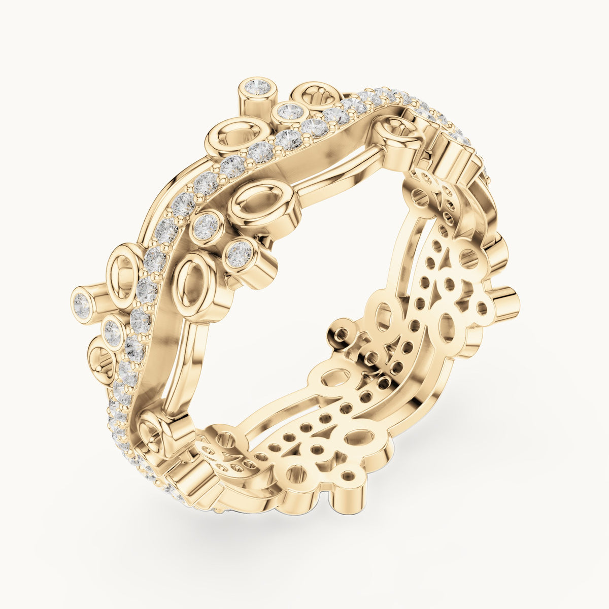 Round lab-grown diamond scroll full eternity band in yellow gold, 0.466 CT TW, view 2