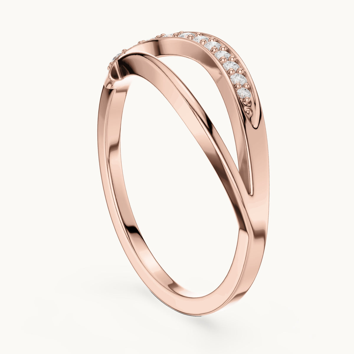 Round lab-grown diamond pavé wave split band ring in rose gold, 0.10 CT TW, view 1