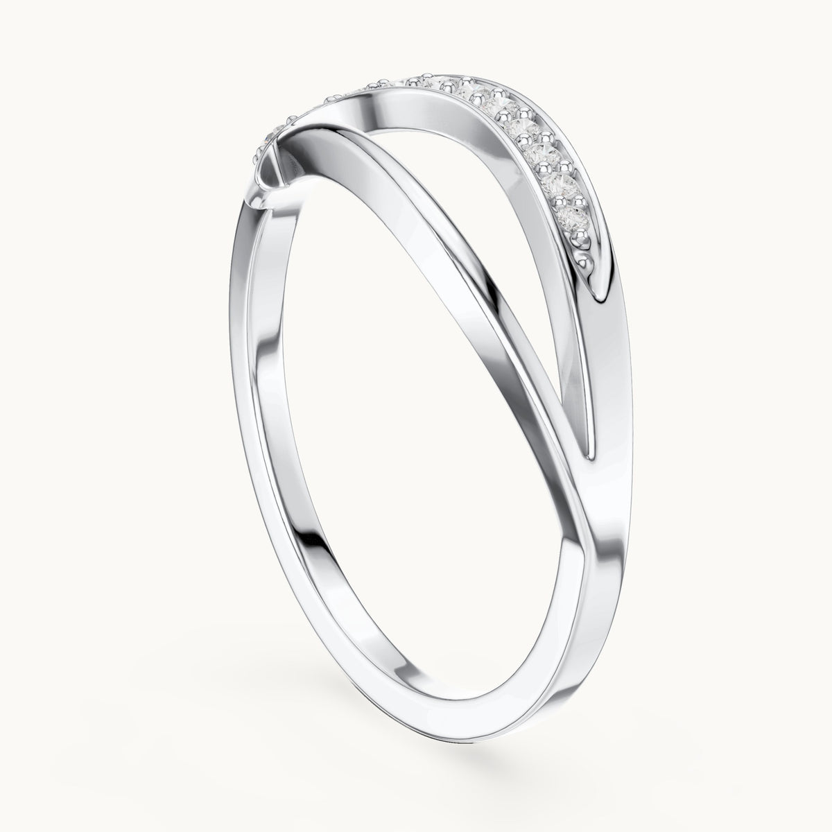 Round lab-grown diamond pavé wave split band ring in white gold, 0.10 CT TW, view 1