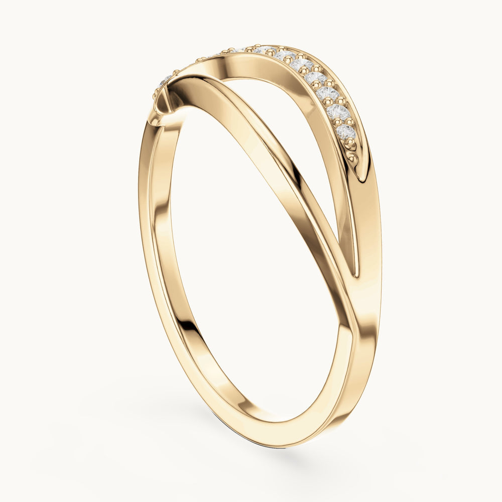 Round lab-grown diamond pavé wave split band ring in yellow gold, 0.10 CT TW, view 1