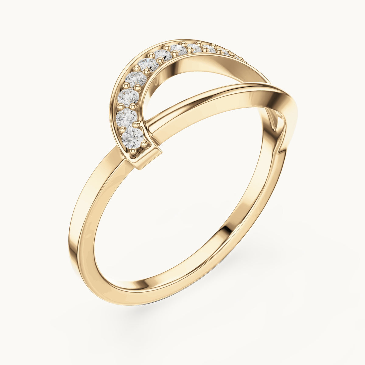 Round lab-grown diamond pavé wave split band ring in yellow gold, 0.10 CT TW, view 2