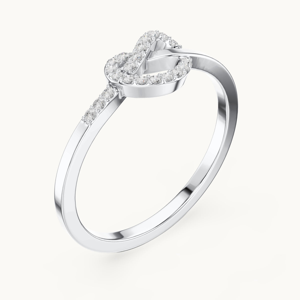 Round lab-grown diamond love knot pavé ring in white gold, 0.10 CT TW, view 2