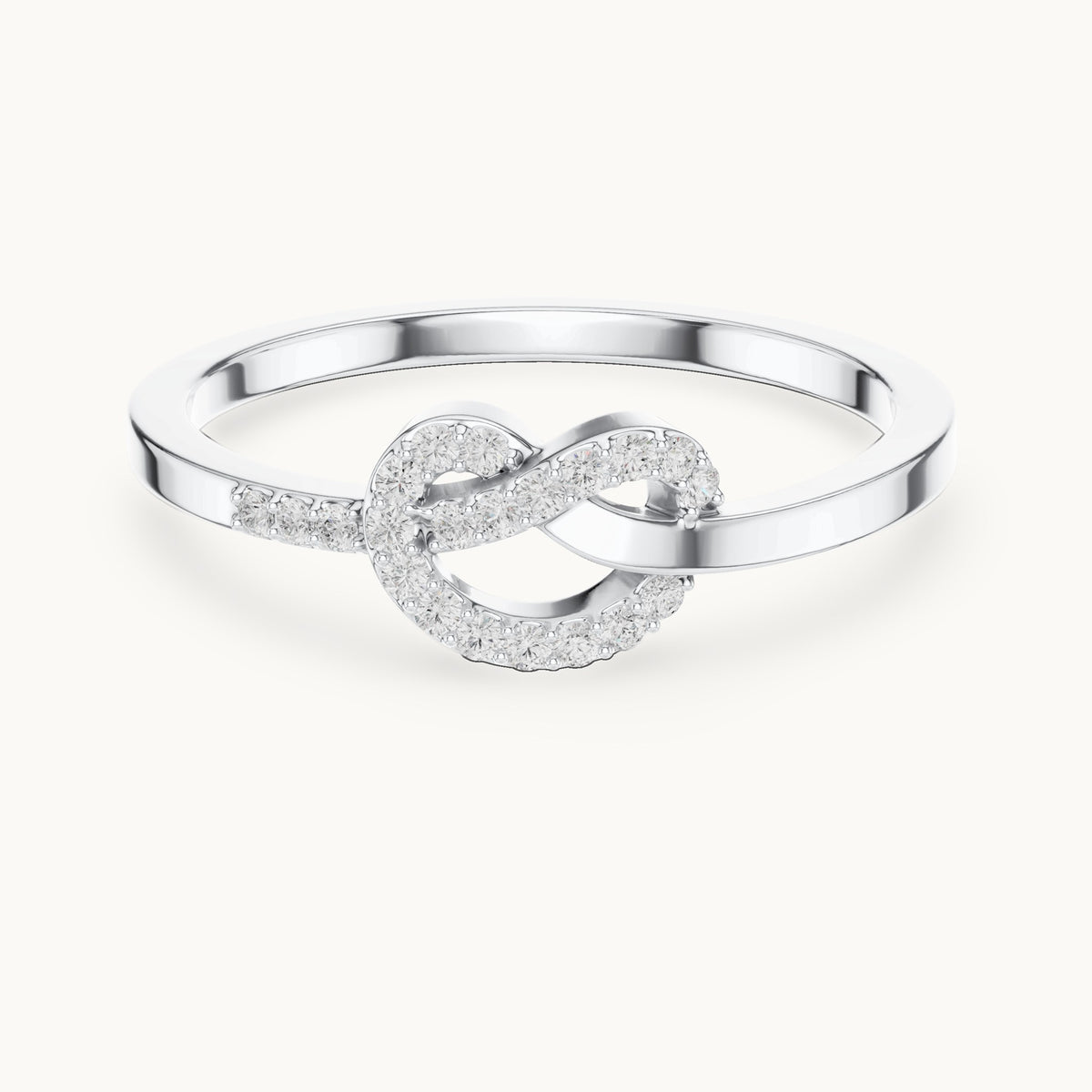 Round lab-grown diamond love knot pavé ring in white gold, 0.10 CT TW, view 4