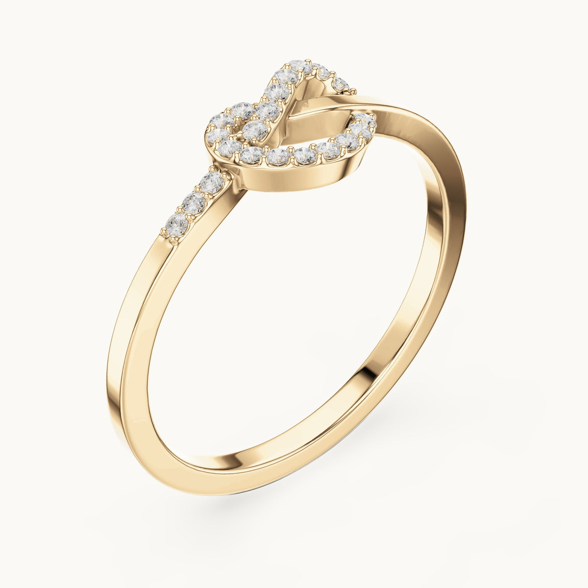 Round lab-grown diamond love knot pavé ring in yellow gold, 0.10 CT TW, view 2