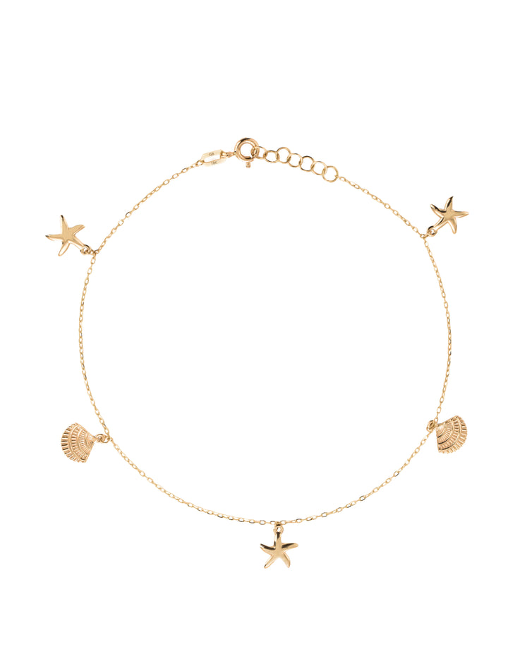 18K GOLD STARFISH & SEASHELL CHARM ANKLET