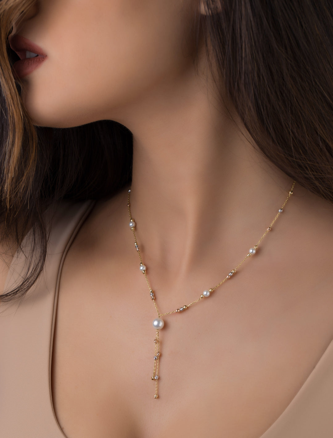 18K GOLD SYNTHETIC PEARLS DROP NECKLACE