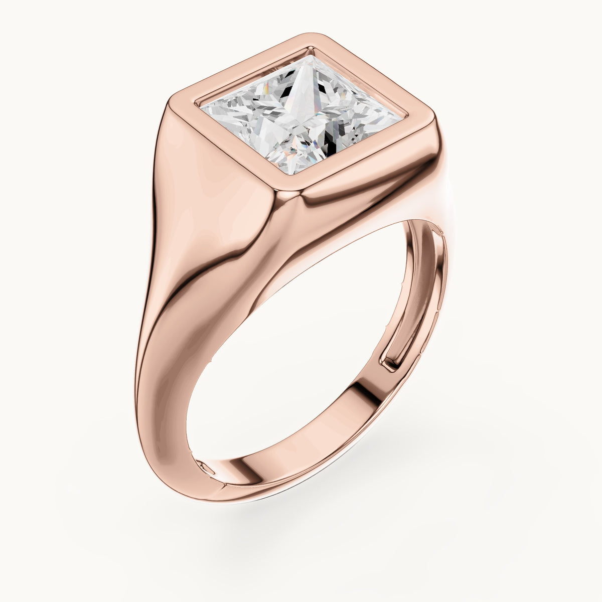 Princess-cut lab-grown diamond bezel signet ring in rose gold, 2.00 CT TW, view 2