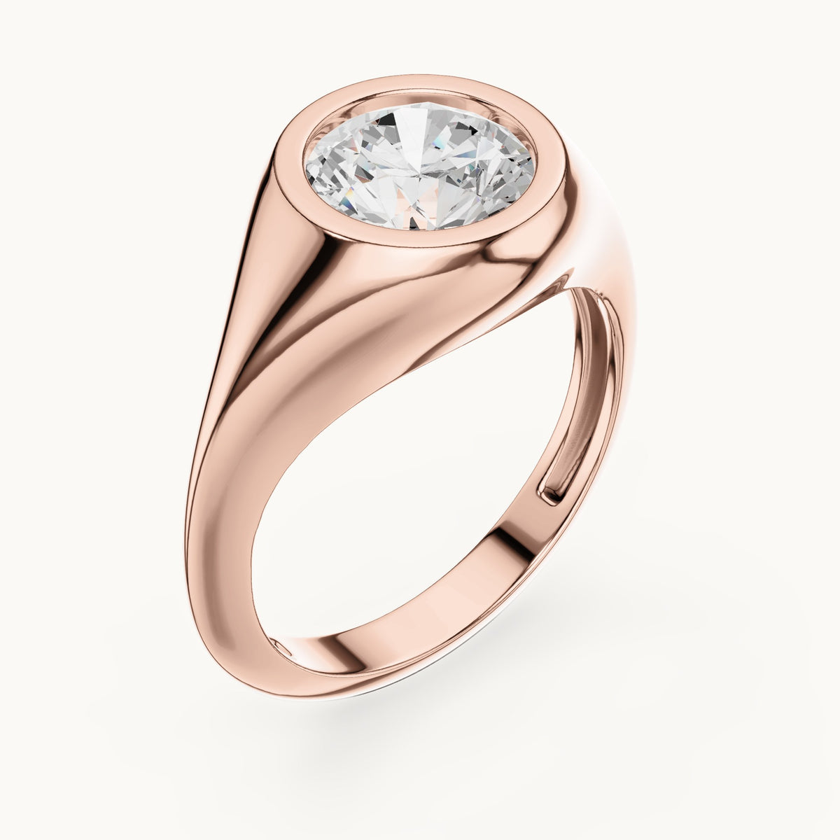Round lab-grown diamond bezel signet ring in rose gold, 2.00 CT TW, view 2