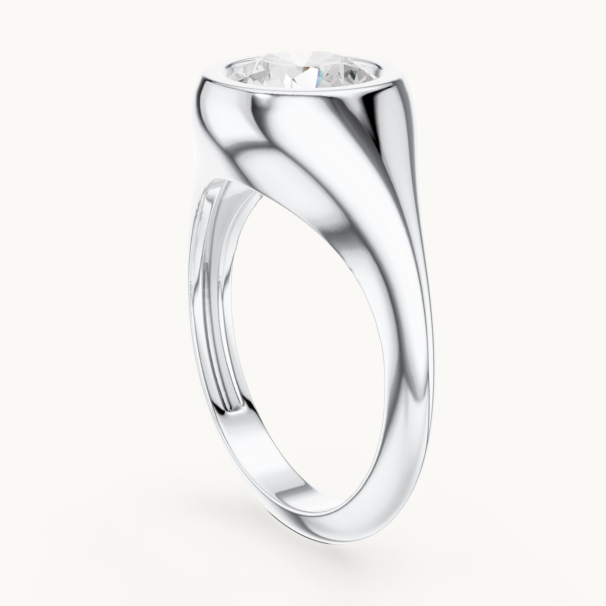 Round lab-grown diamond bezel signet ring in white gold, 2.00 CT TW, view 1