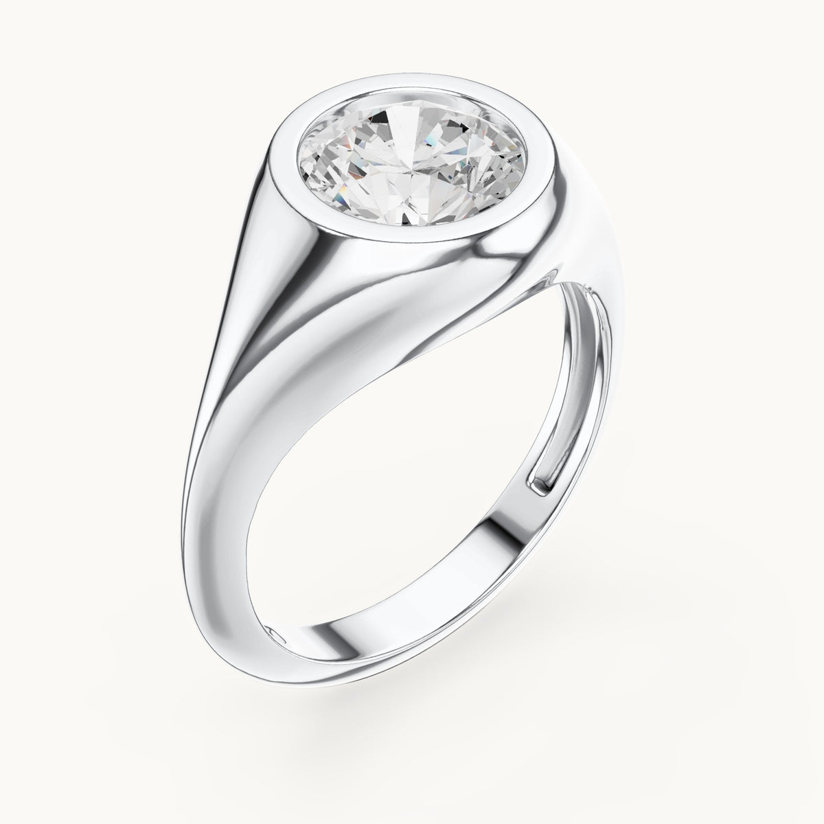 Round lab-grown diamond bezel signet ring in white gold, 2.00 CT TW, view 2